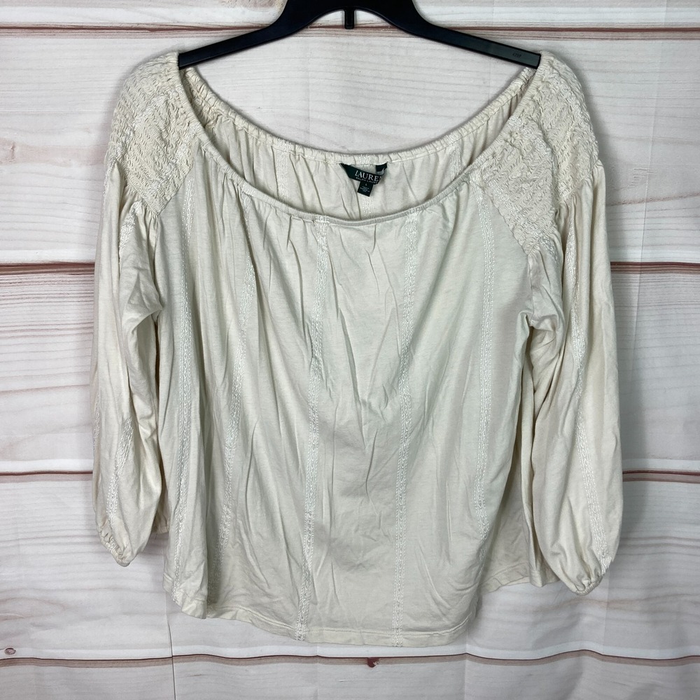 Lauren Ralph Lauren Top Womens L Ivory Off The Shoulder Blouse Knit Smock Solid